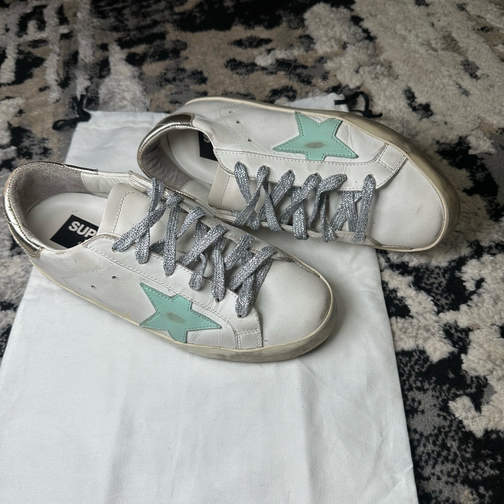 Golden Goose Super Star Sneakers with Mint Green Star and Silver/Gold Accents 7 - Picture 3 of 15